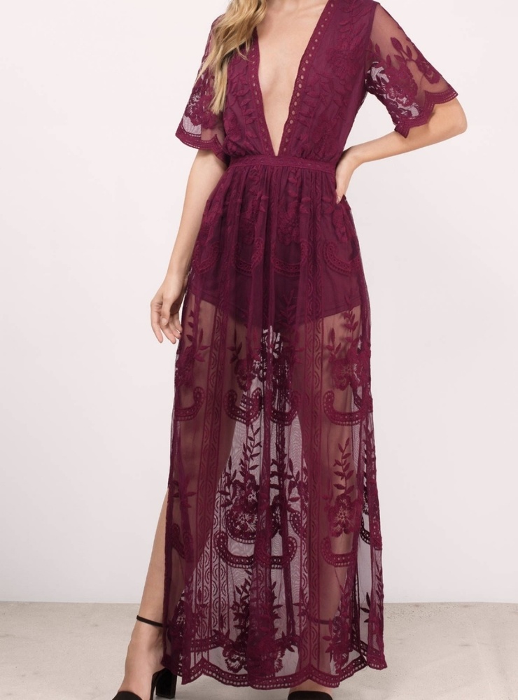 Honey Punch red lace maxi romper